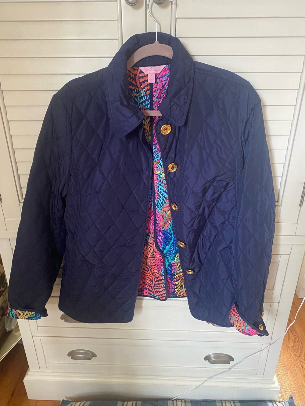 Lilly Pulitzer Navy Quilted Pea Coat with Colorful Printed Lining